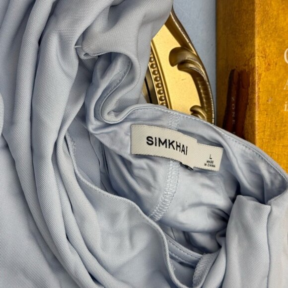🆕 SIMKHAI 🧿 NWOT Acacia Draped Ruched Jersey Midi Dress, Blue Haze - Sz L - Picture 14 of 15